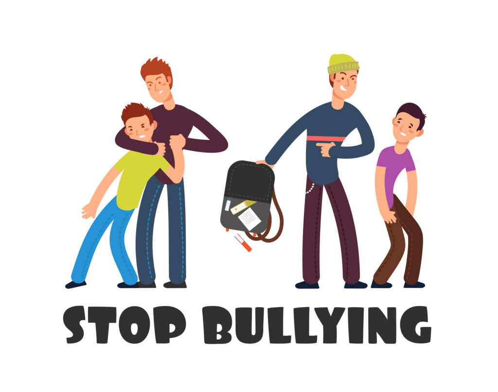 Stop bullying concept. Sad helpless kid. Negative persons and victim. Social problems vector background. Illustration of violence and harassment, bully childhood