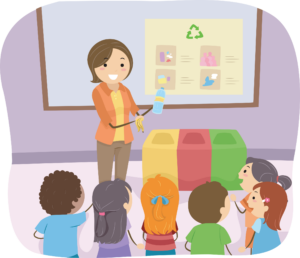 Illustration of a Teacher Teaching Her Students How to Recycle