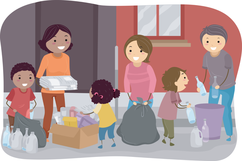 Illustration of Families Recycling and Segregating Trash Together