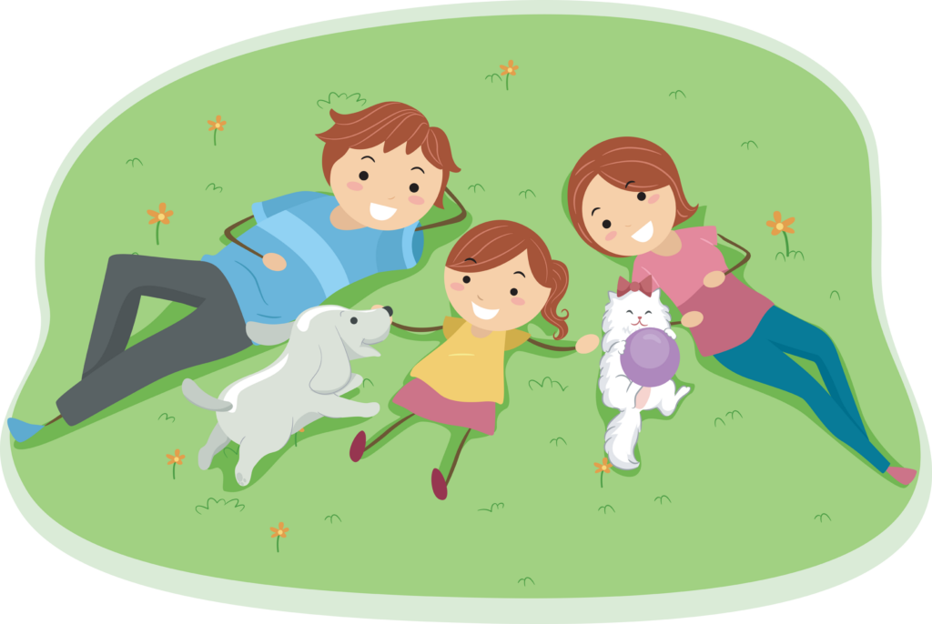 Illustration of a Family Enjoying a Day in the Park with Their Pets