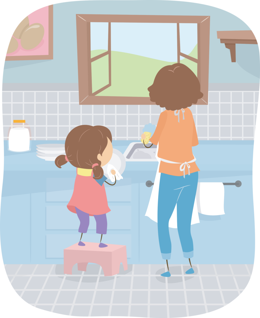 Illustration of a Little Girl Helping Her Mom Wash the Dishes