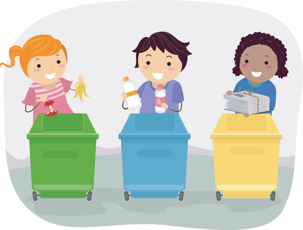 Illustration of Kids Segregating Trash and putting items into recycling bins