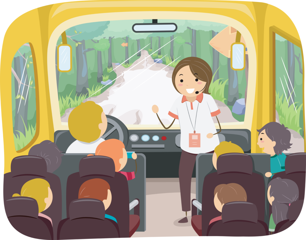 Illustration of Kids on a Tour Bus Listening to Their Tour Guide