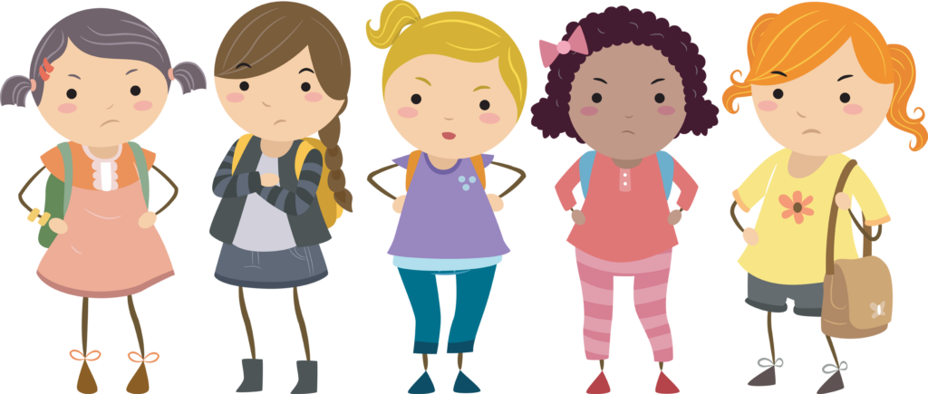 Stickman Illustration Featuring a Group of Young Female Bullies in Colorful Clothing