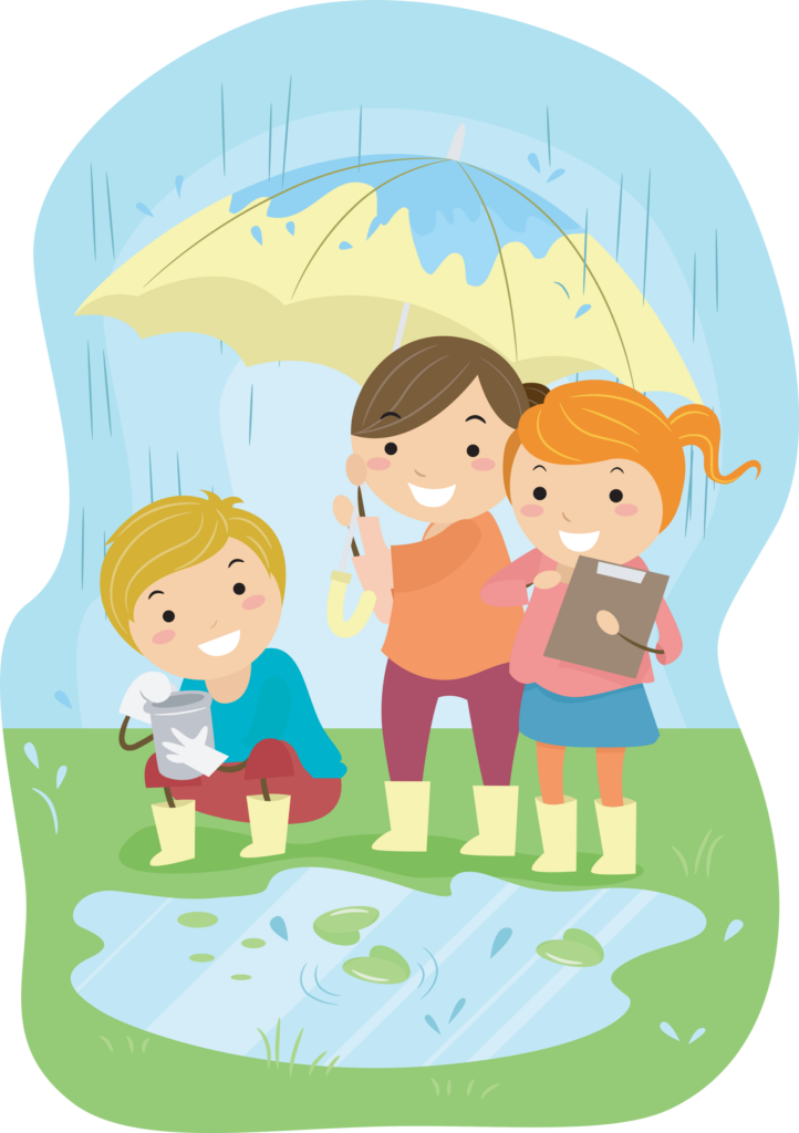 Royalty Free Clipart Image of Children Doing an Experiment in the Rain