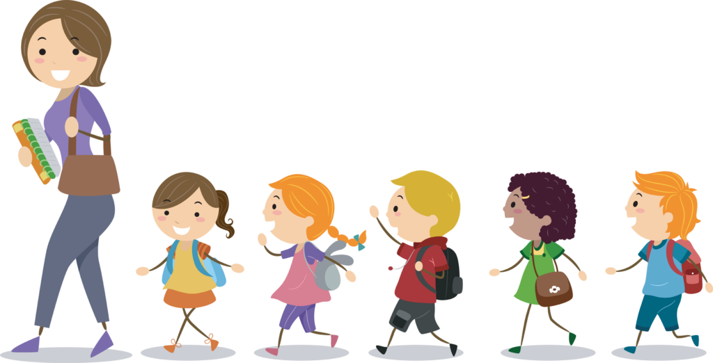 Royalty Free Clipart Image of Children Following Their Teacher