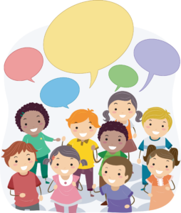 group of stickman kids with colorful speech bubbles above their heads