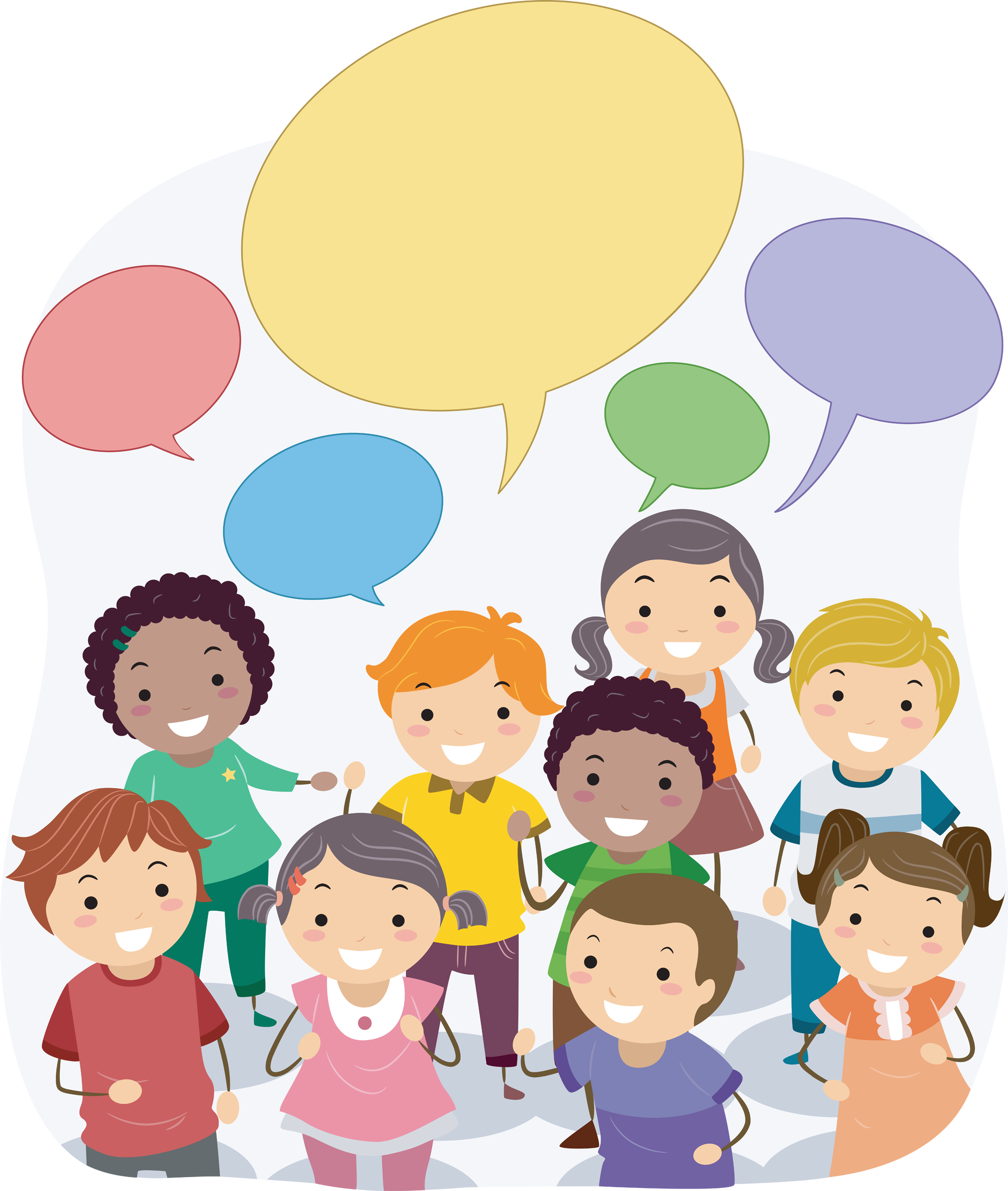 group of stickman kids with colorful speech bubbles above their heads