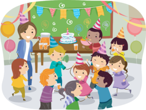 Illustration of Stickman Kids Having a Birthday Party at School