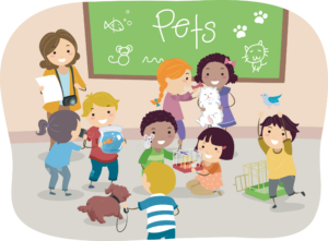 Illustration of Stickman Kids with their Pets in Classroom