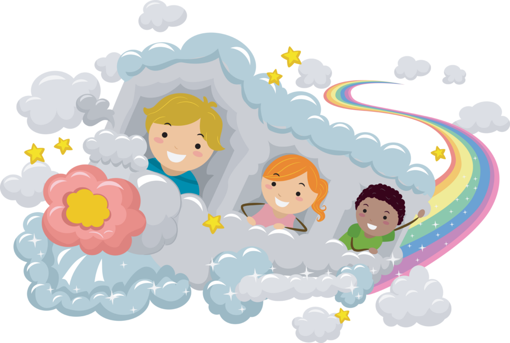 Royalty Free Clipart Image of Kids on a Cloud Train