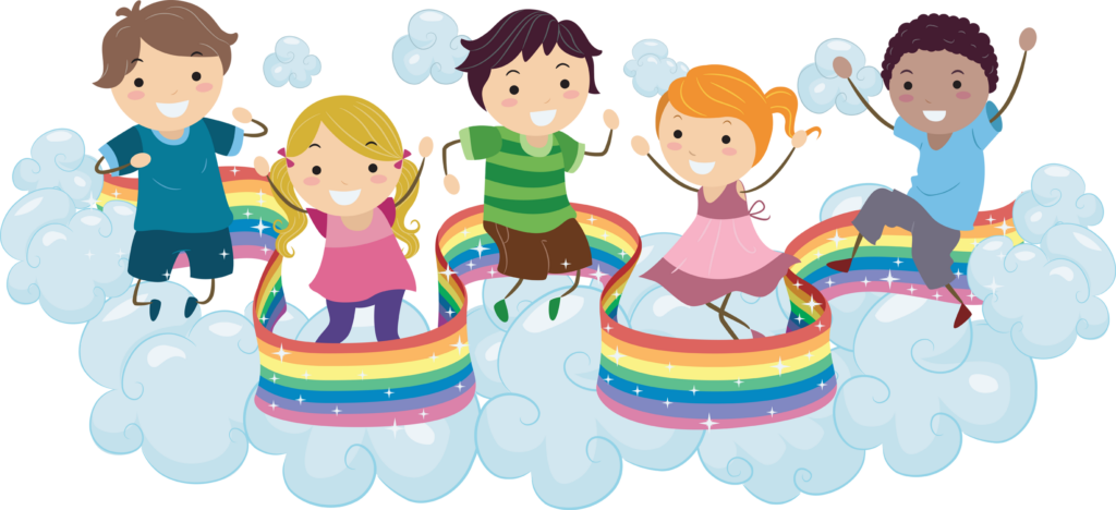 Royalty Free Clipart Image of Children in a Rainbow Swirl on Clouds