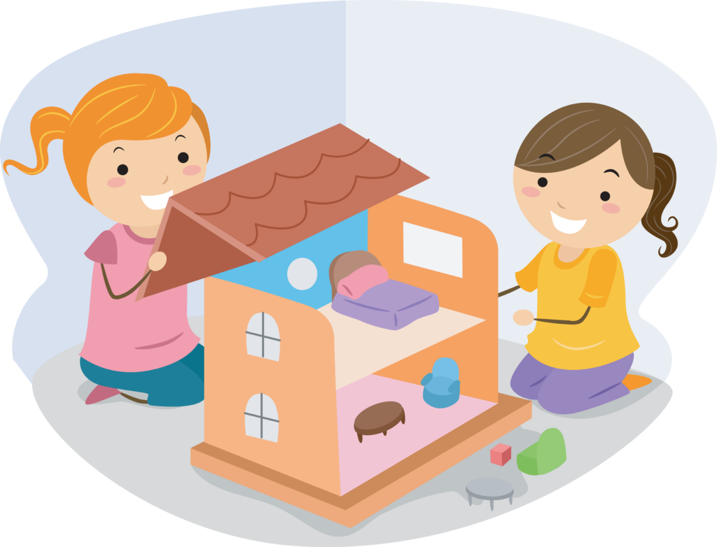 Royalty Free Clipart Image of Two Girls Playing With a Dollhouse