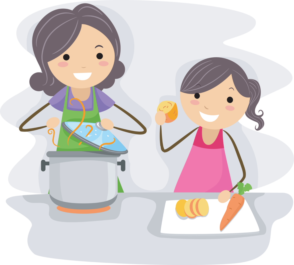 Royalty Free Clipart Image of a Mother and Daughter Cooking