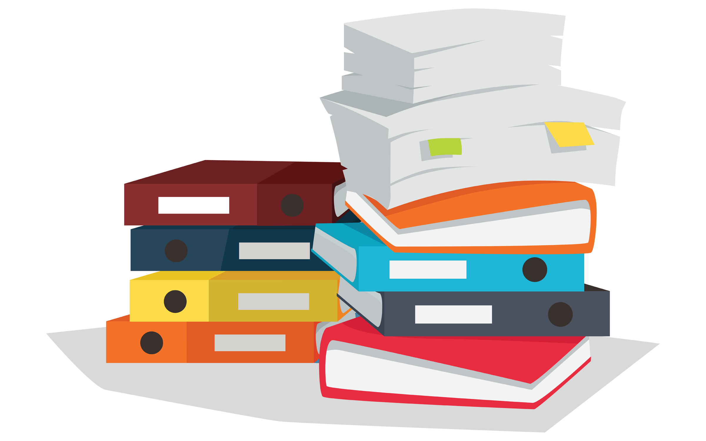 Stack of papers. Large number of business documents with bookmarks. Colorful binders.Paper work, office routine, bureaucracy concept. Flat design. Illustration for data, e-mail, management, services.
