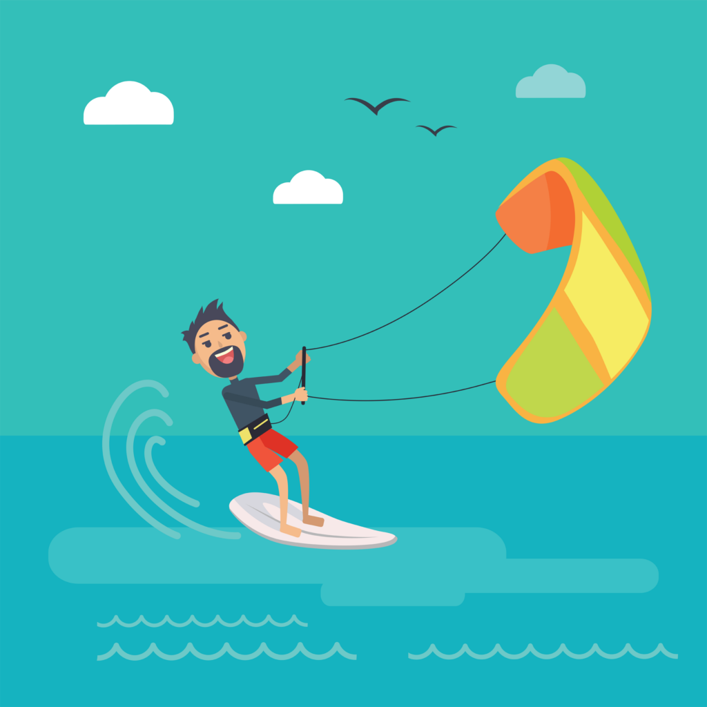 Kitesurfing vector concept. Joyful man holding kite and sliding on sea surface on surf flat vector. Leisure on summer vacation. Resting on tropical seacoast. For kiteboarding club, travel company ad