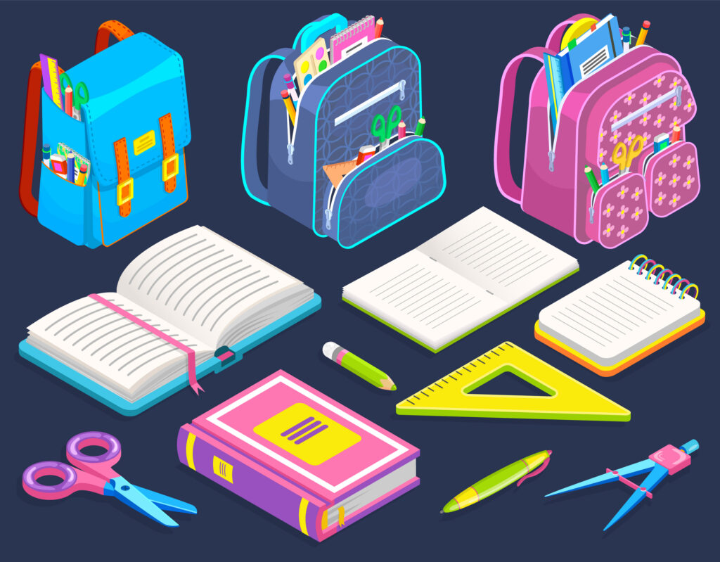 Schoolbags with stationery isolated on background. Opened book and notebooks. There are stuff on vector pencil and pen, ruler and scissors. Back to school concept. Flat cartoon isometric 3d