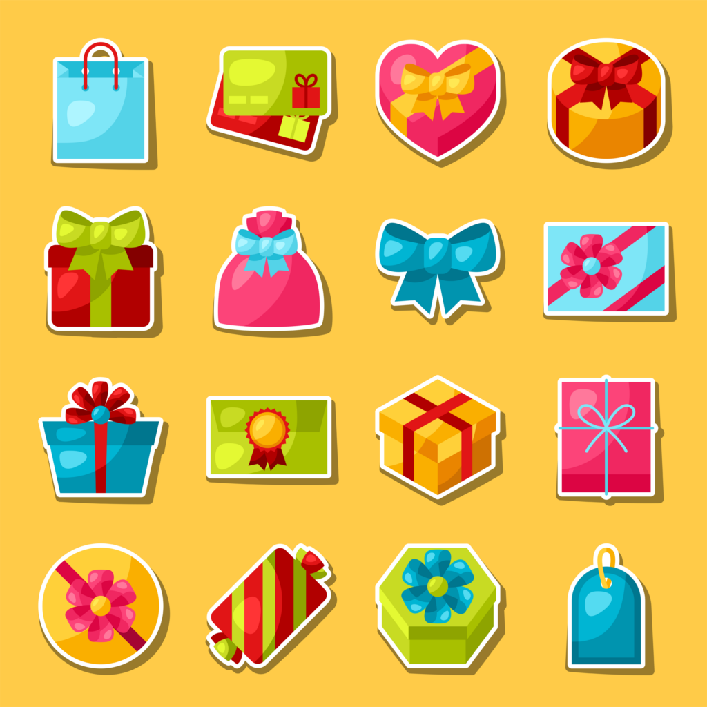 Celebration sticker set of colorful gift boxes.