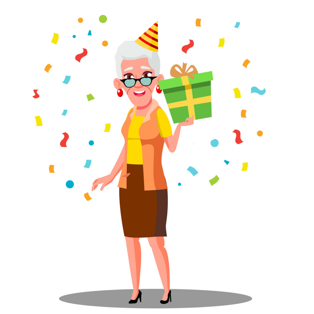 Funny Old Woman Celebrate Birthday In Party Caps And Confetti Vector. Illustration