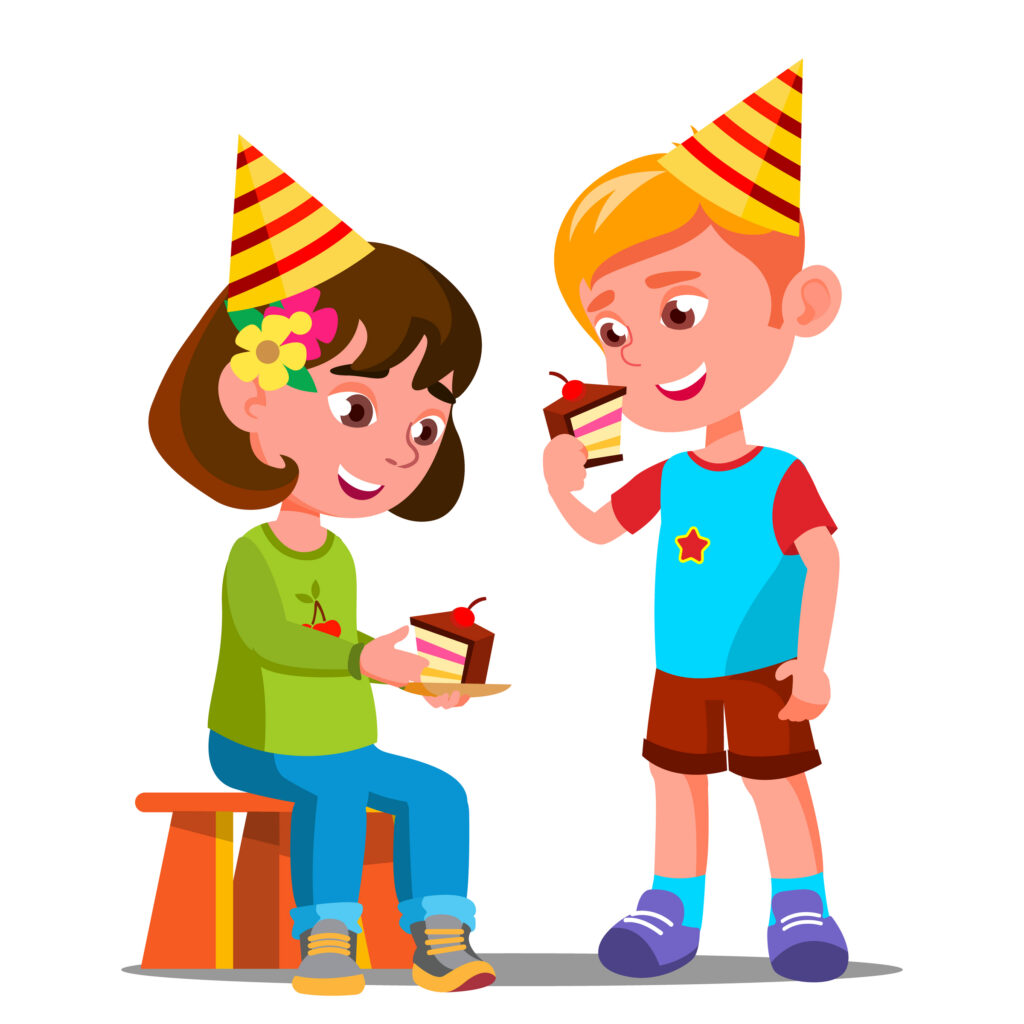 Happy Children Eating A Birthday Cake Vector. Illustration