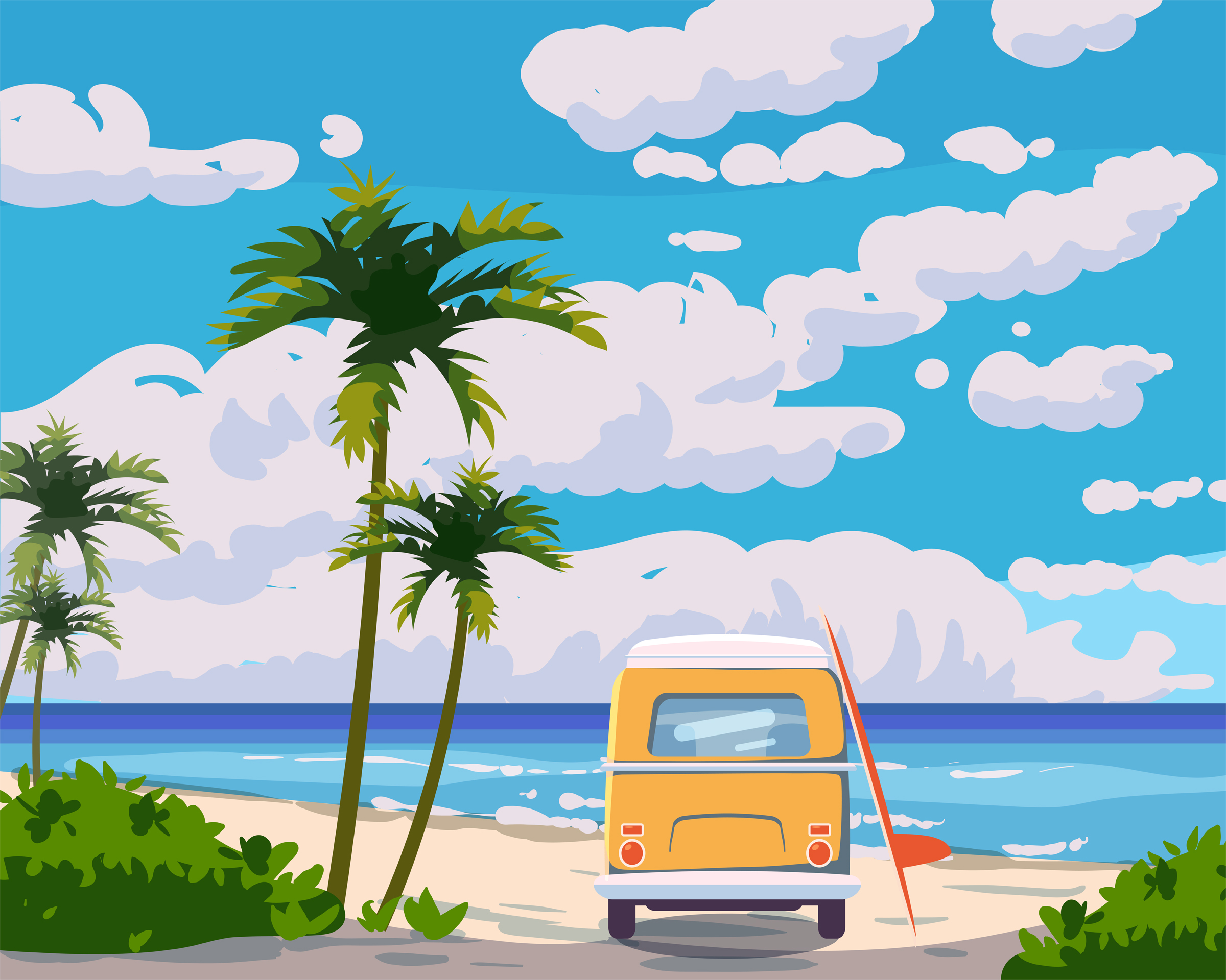 vector illustration of a vintage bus and surfboard parked on a sandy beach with palm trees, cloudy blue skies and blue ocean water