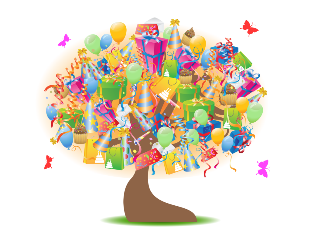 Clipart Image of Birthday Gifts in a Tree