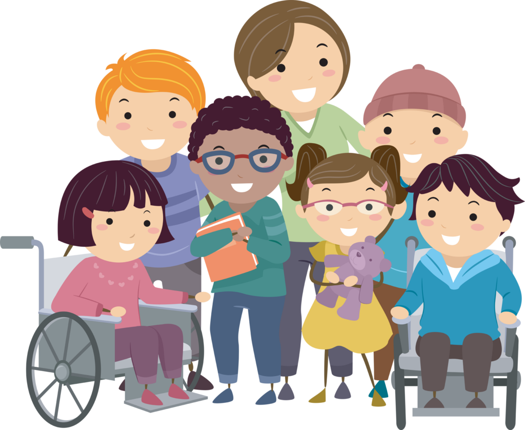 Stickman Illustration of a Nurse Taking Care of Handicapped Kids, children of different abilities, inclusion