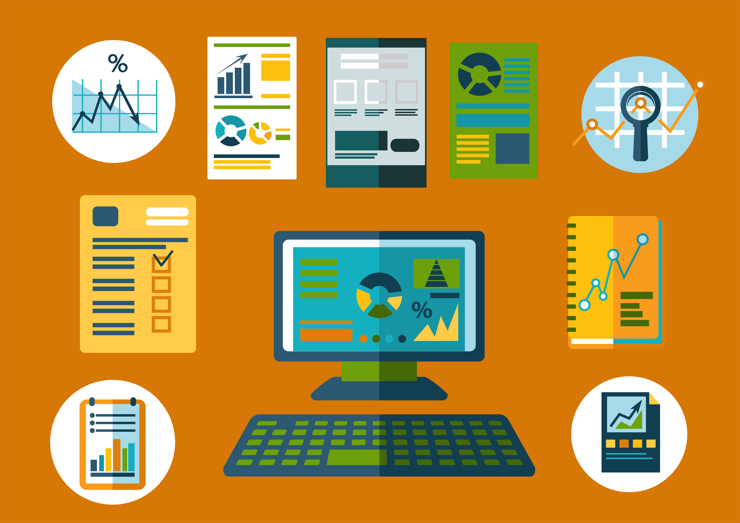 Business planning and financial reports flat icons with desktop computer, notebooks and papers with financial graphs or charts , supplemented by notes, agenda list and magnifying glass