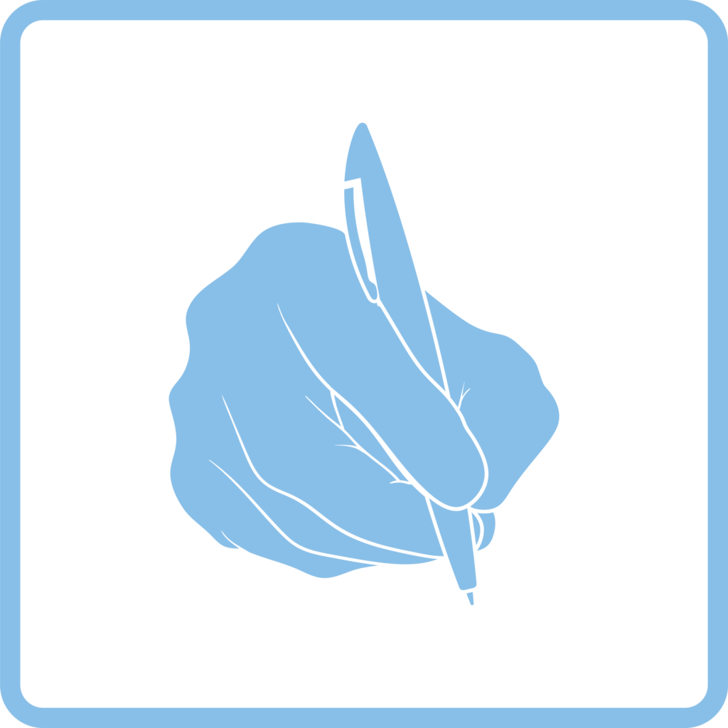 Hand with pen icon. Blue frame design. Vector illustration, hand writing