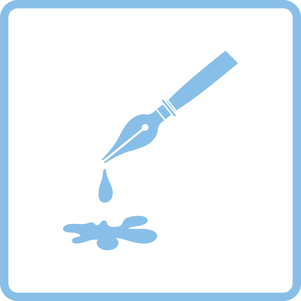 Fountain pen with blot icon. Blue frame design. Vector illustration.