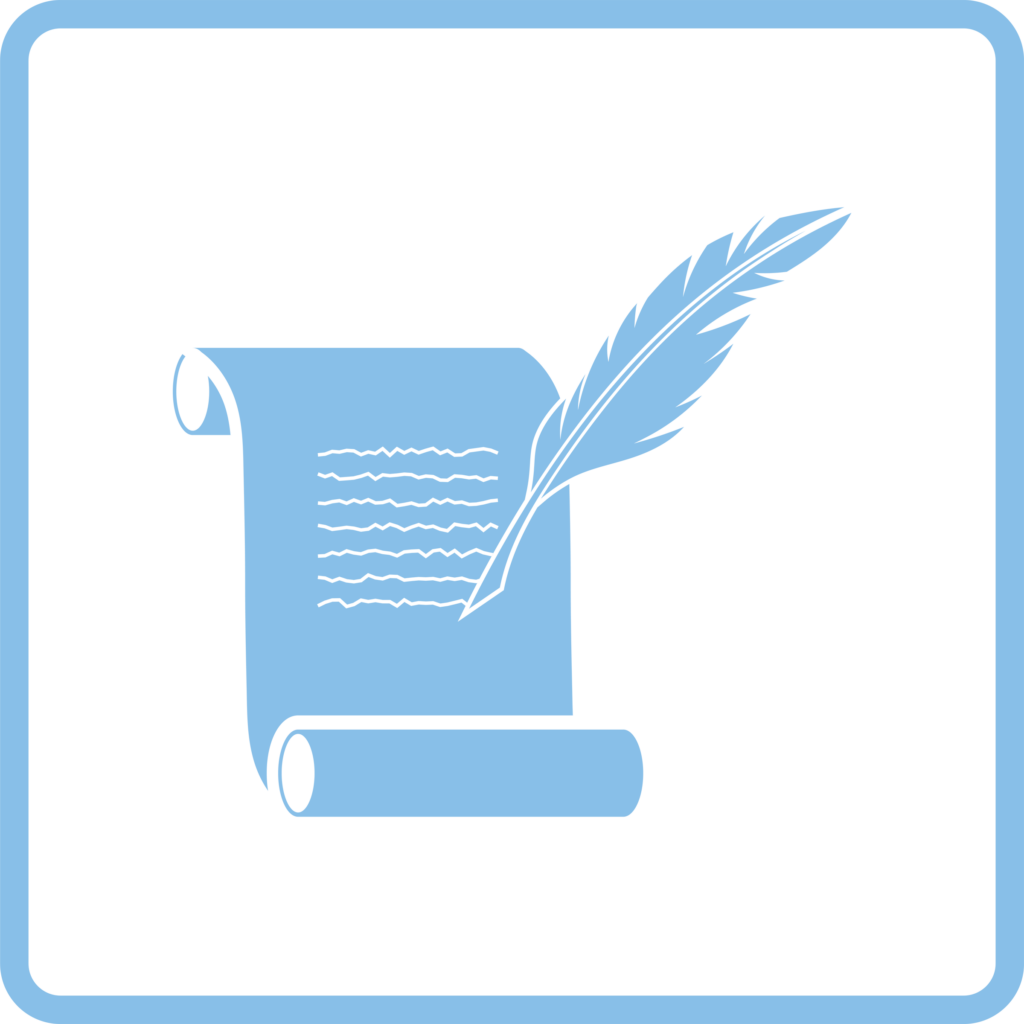 Feather and scroll icon. Blue frame design. Vector illustration