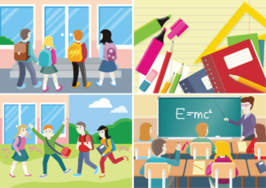 Back to school banner set. Teacher near blackboard in classroom. School supplies, notebooks, pencils, pens. Group of students near the school. Learning process in classroom.