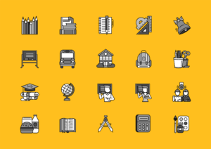 Set of school thin, lines, outline, strokes icons. Items for school study, pencil, bag, breakfast, dividers, globe student, bell black on yellow background. For web and mobile applications