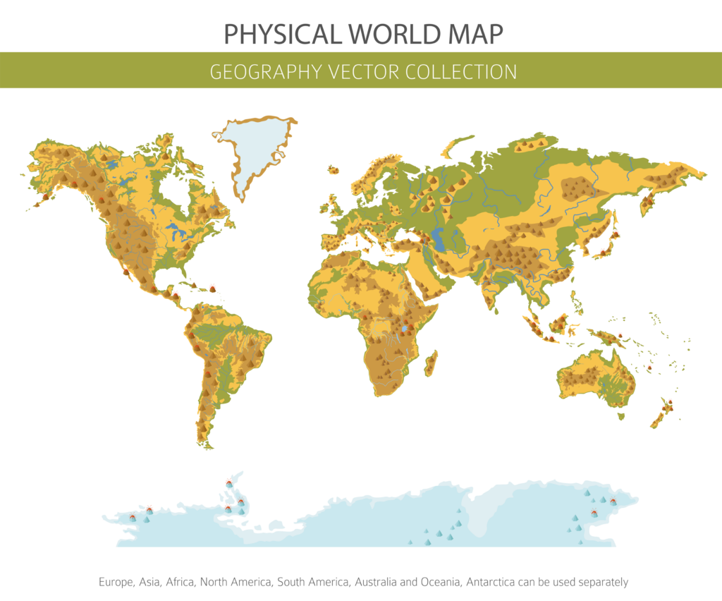 Physical world map elements. Build your own geography info graphic collection. Vector illustration