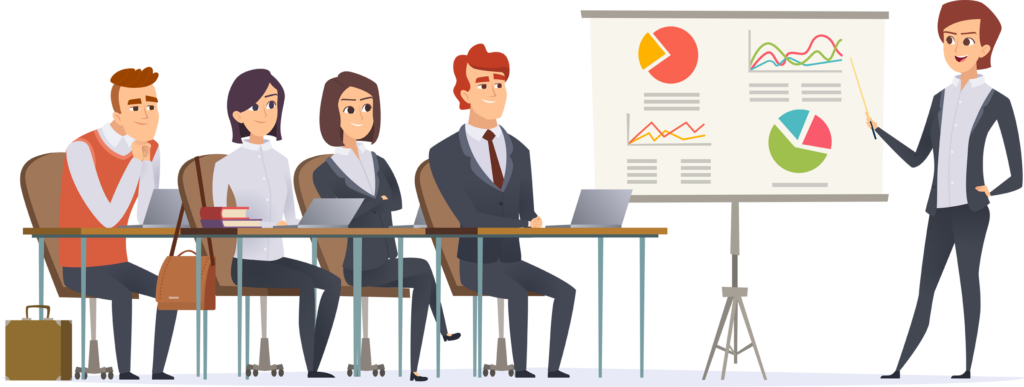 Business presentation characters. Group of managers sitting in classroom listening learning couch business seminar vector concept. Illustration of education lecture for people business