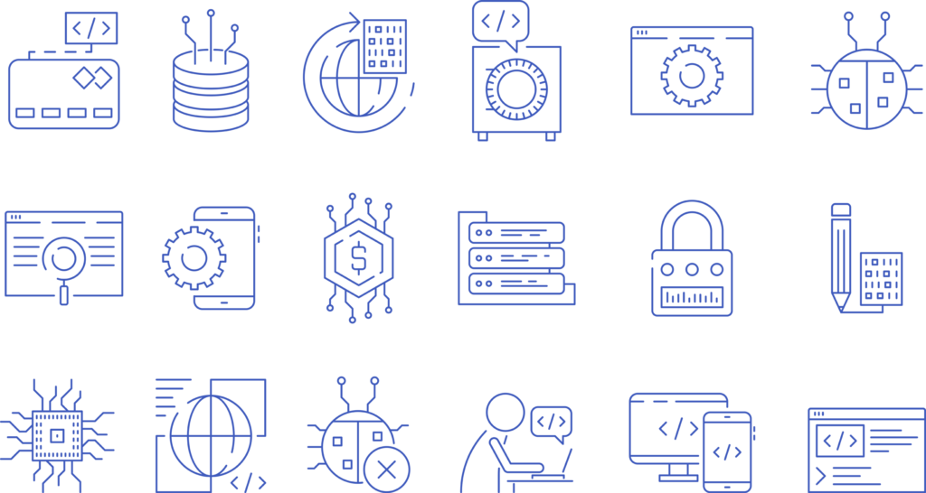 Coder icons. Programmer computer software expert input ends execute cluster bugs fix testing systems java code vector symbols. Illustration of software programmer, system programming and coding

