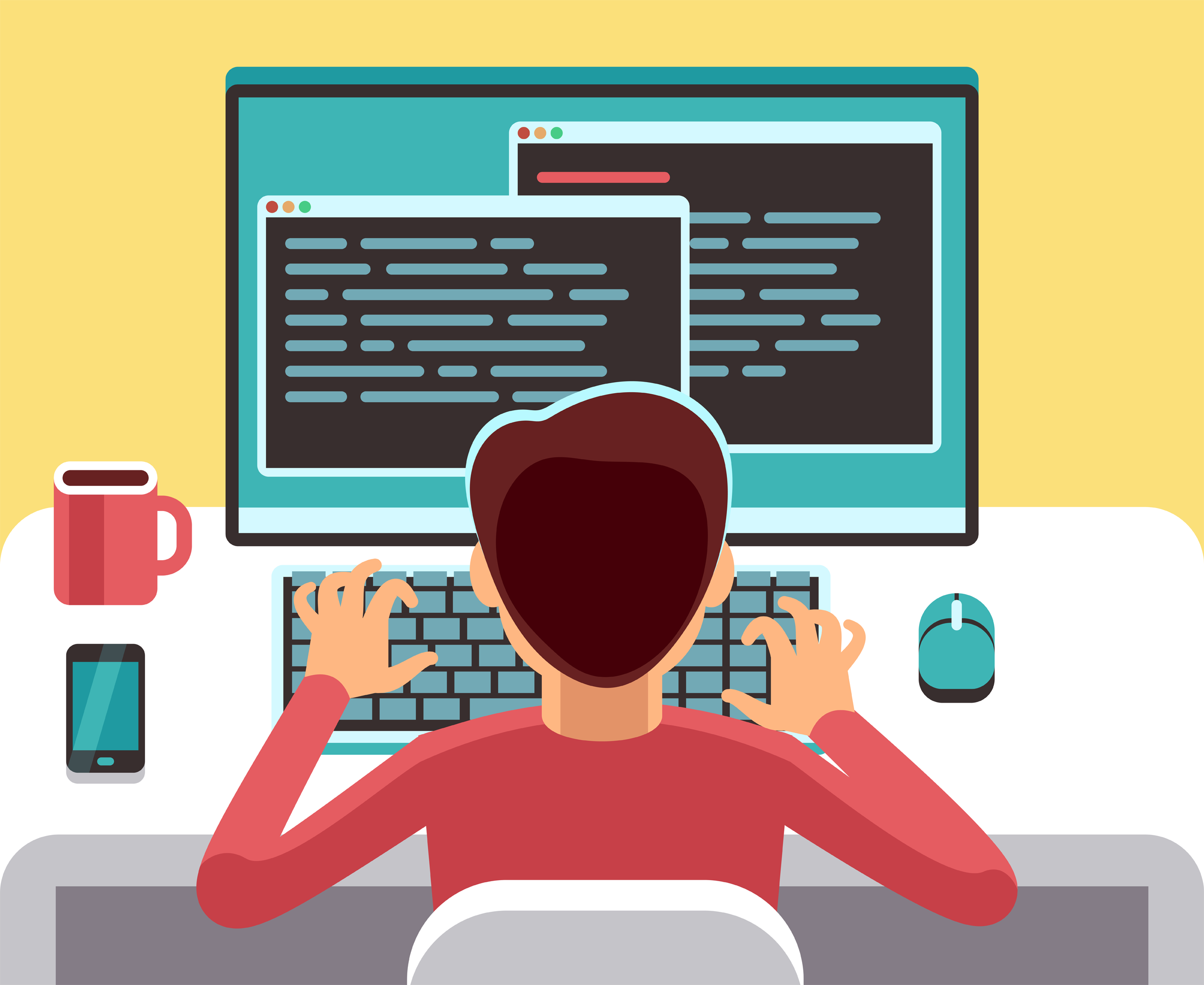 Young man programmer working on computer with code on screen. Student programming vector concept. Man work with computer, programmer professional and character of freelancer on workplace illustration