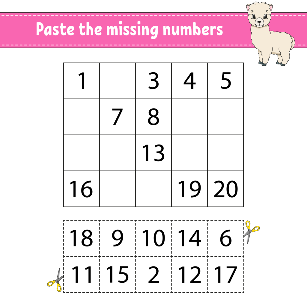 Paste the missing numbers. Game for children. Handwriting practice. Learning numbers for kids. Education developing worksheet. Activity page. Isolated vector illustration in cute cartoon style