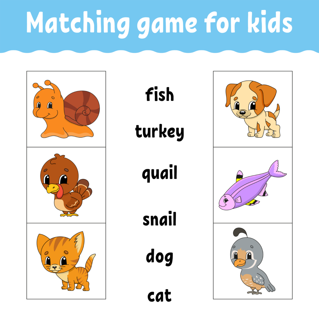 Matching game for kids. Find the correct answer. Draw a line. Learning words. Activity worksheet. Cartoon character.
