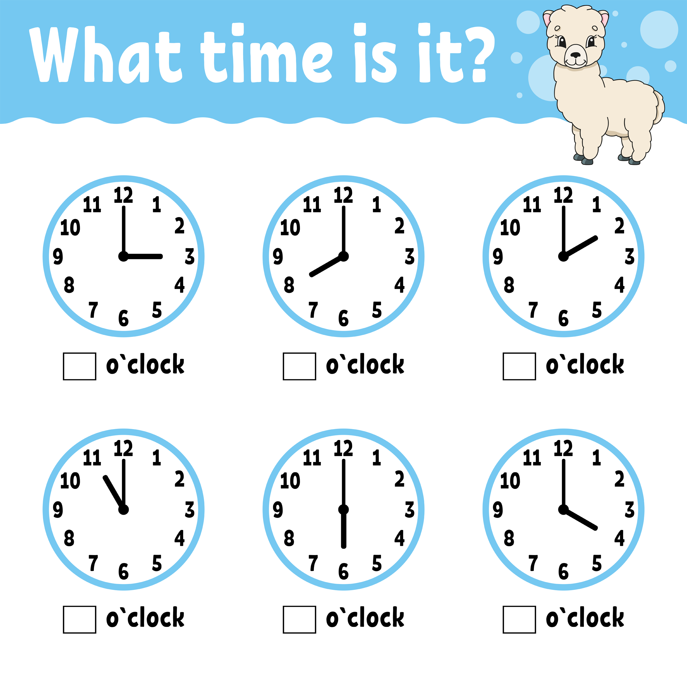 Learning time on the clock. Educational activity worksheet for kids and toddlers. Game for children. Simple flat isolated color vector illustration in cute cartoon style.