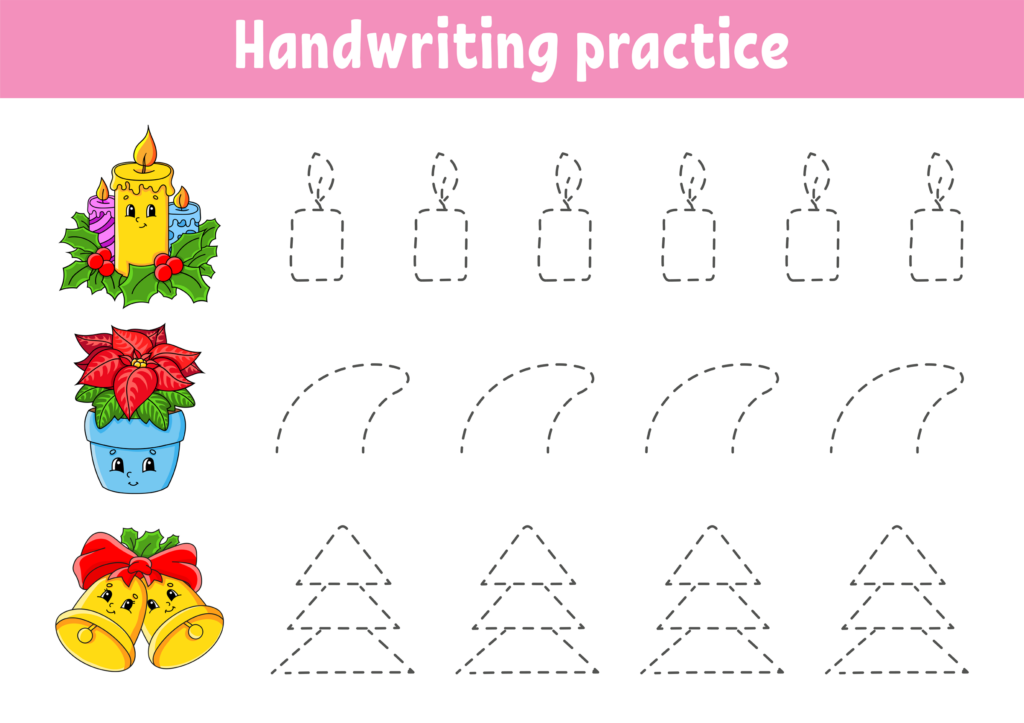 Handwriting pactice. Christmas theme. Education developing worksheet. Activity page. Color game for children. Isolated vector illustration. Cartoon character.