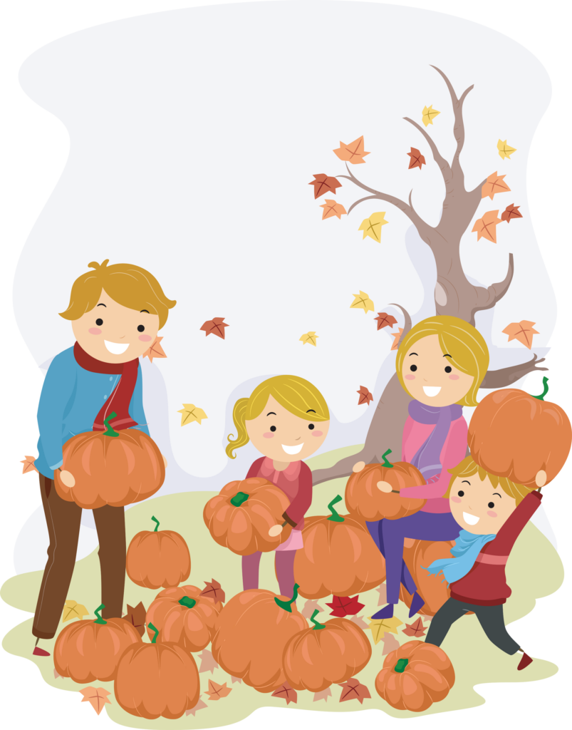 Illustration of a Stickman Family Carrying Pumpkins
