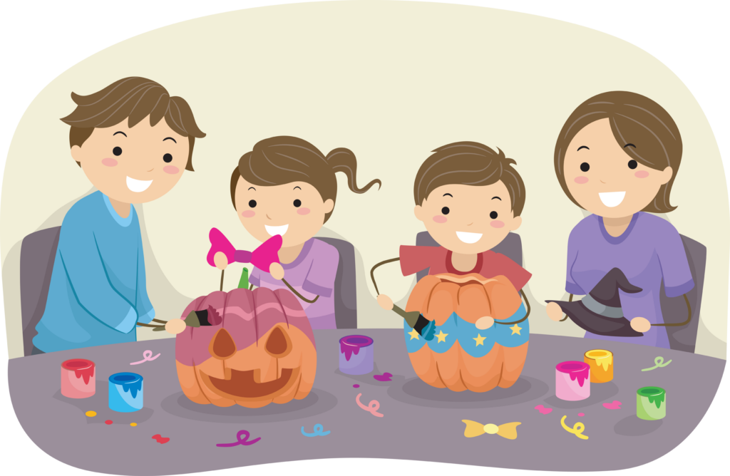 Illustration Featuring a Family Decorating Pumpkins Together
