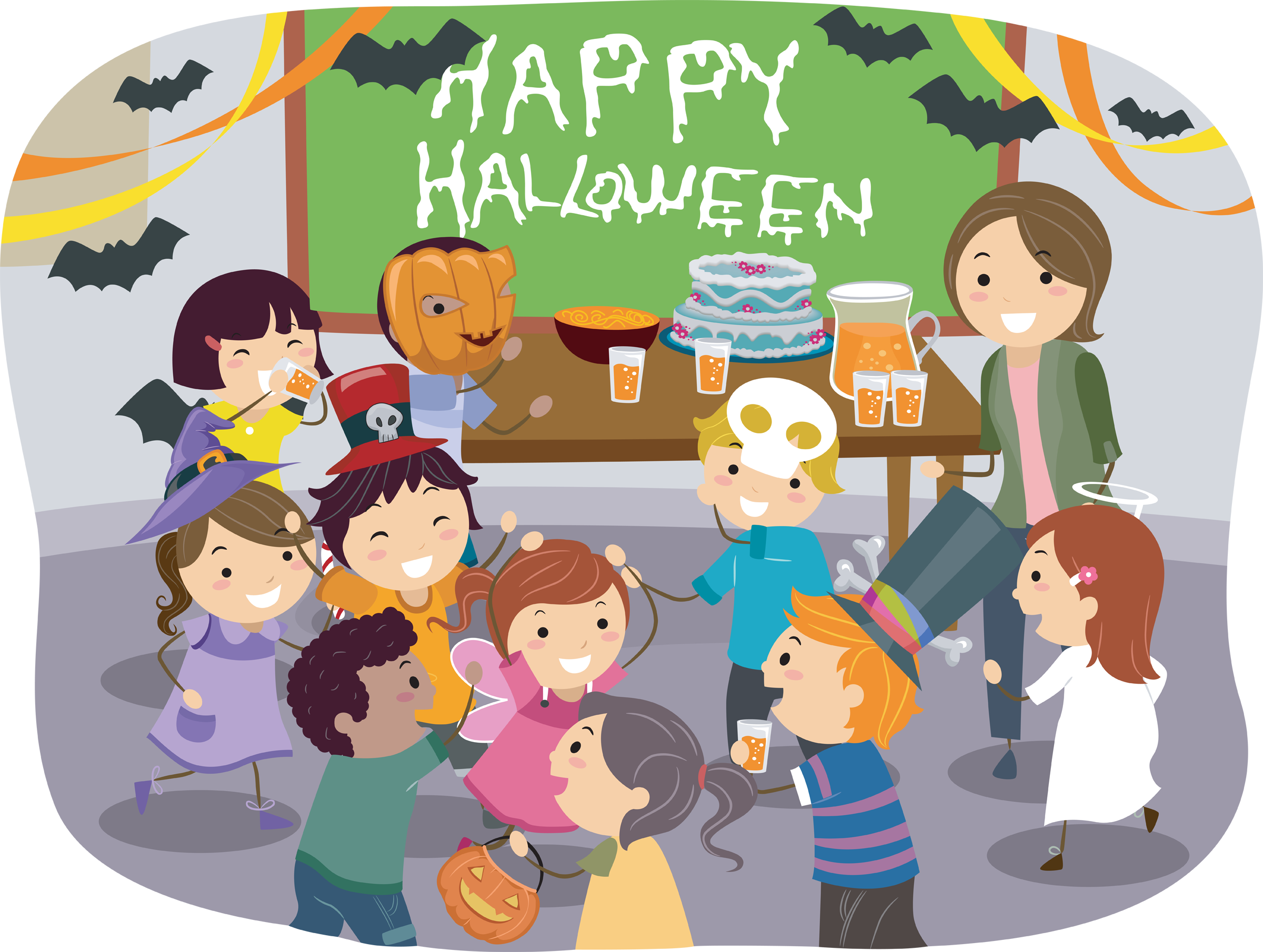 Illustration of Stickman Kids having Halloween Party at School